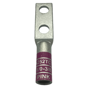 Tin-plated, 1/0 AWG extra-long barrel copper compression lug with dual 3/8 inch studs.