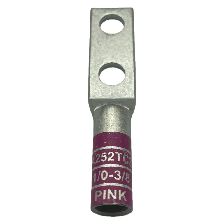 Tin-plated, 1/0 AWG extra-long barrel copper compression lug with dual 3/8 inch studs.