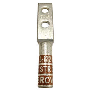 Tin-plated, 2 AWG long barrel copper compression lug with 1/4 inch studs and brown color code.