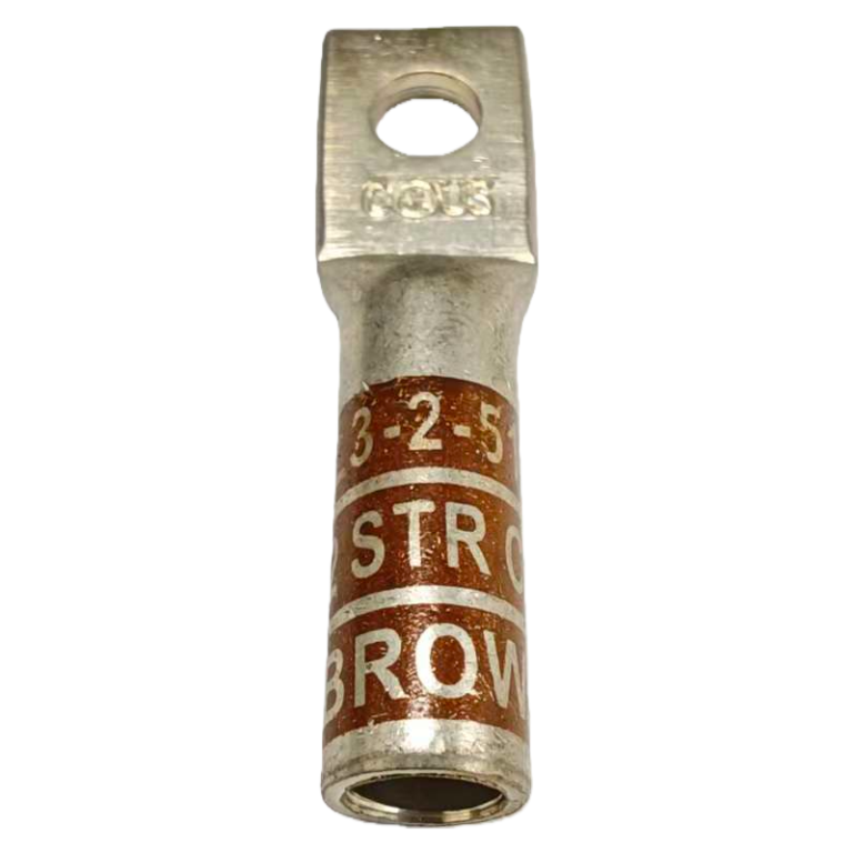 2 AWG single-hole copper compression lug with long barrel, 3/8 inch stud, and brown color code.