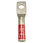 8 AWG single-hole copper compression lug with long barrel, 1/4 inch stud, and red color code.