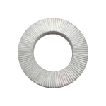 Top view of DIN 25201 wedge lock washer with silver Dacromet finish showing radial serrations.