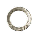 Close-up front view of DIN 9250 stainless steel serrated safety washer, highlighting radial locking teeth and conical profile.