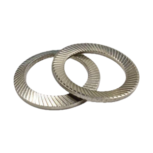 Stacked view of multiple DIN 9250 stainless steel safety washers, emphasizing bulk and consistent manufacturing quality.