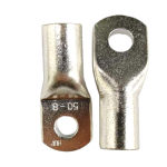 Pair of HUP50-10 copper lugs in dual view, showing UL marking and secure tongue design for M10 bolts.