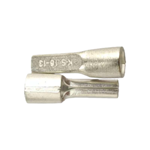 Pair of KS16-13 copper pin terminals in dual view, displaying both the wire entry barrel and the solid needle contact.