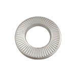 Top view of NFE 25-511 French type serrated washer with silver Dacromet coating.