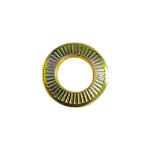 Top view of NFE 25-511 French type serrated washer with yellow zinc passivation.