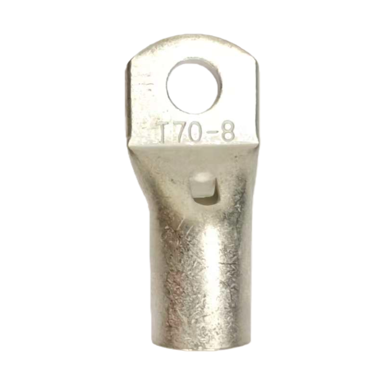 Front view of T70-10 tinned copper terminal for 70mm2 cable, clearly showing the visual inspection hole.