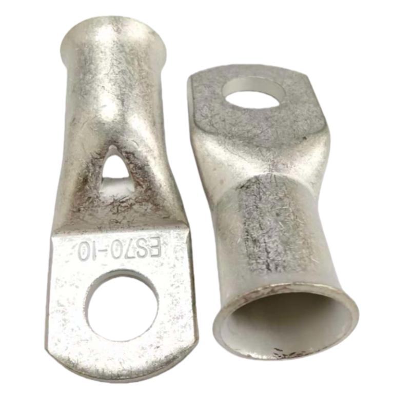 Front and back view of a pair of ES70-10 tinned copper terminals.