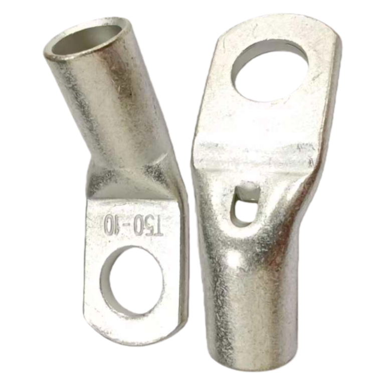 Front and back view of a pair of T45-50/10 45° angled tinned copper terminals.