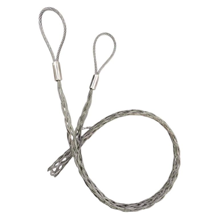Full view of MGT type double-sided pulling cable grip with dual loop eyes and high-strength stainless steel mesh.
