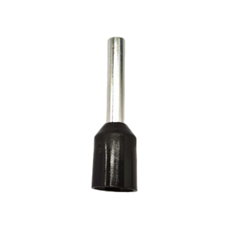 Front view of a 1.5mm2 black cord end terminal showing the seamless T2 copper pin and tin plating.Front view of a 1.5mm2 black cord end terminal showing the seamless T2 copper pin and tin plating.