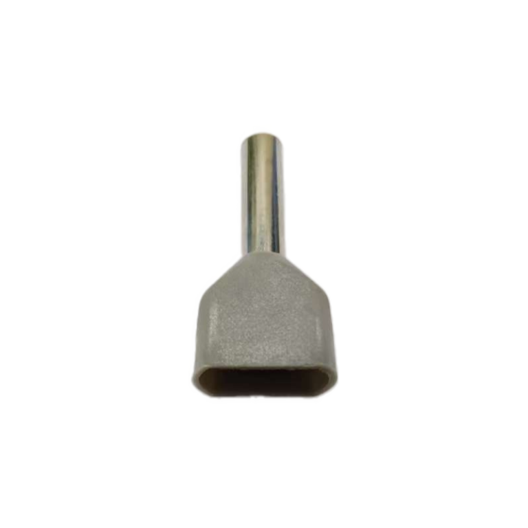 Front view of a dual entry ferrule highlighting the widened insulation sleeve for two conductors.