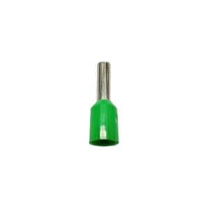 Front view of a DIN standard green 16mm2 cord end terminal with high-quality nylon sleeve.