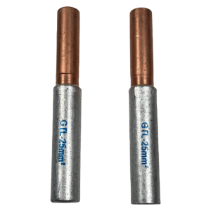 Side-by-side view of two GTL-25mm2 bi-metal friction welded connecting tubes with clear model markings.
