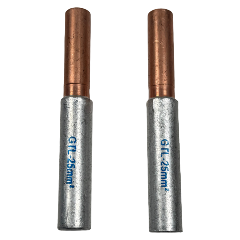 Side-by-side view of two GTL-25mm2 bi-metal friction welded connecting tubes with clear model markings.