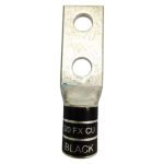 Front view of 2/0 AWG black color coded copper grounding lug with two 3/8 inch holes.