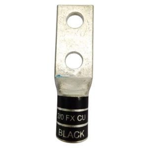 Front view of 2/0 AWG black color coded copper grounding lug with two 3/8 inch holes.