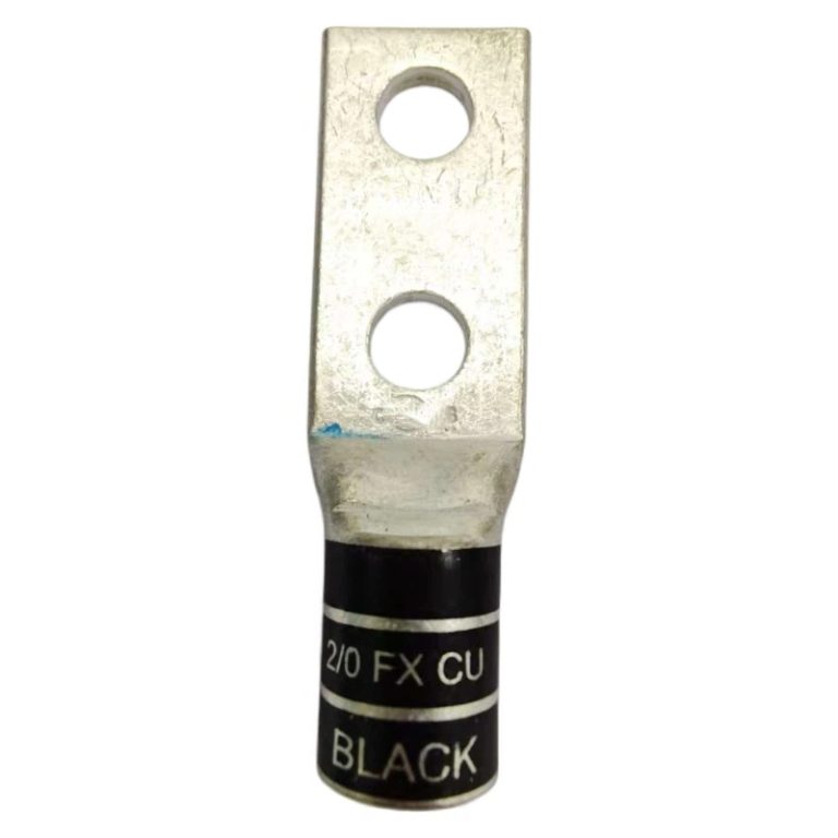 Front view of 2/0 AWG black color coded copper grounding lug with two 3/8 inch holes.