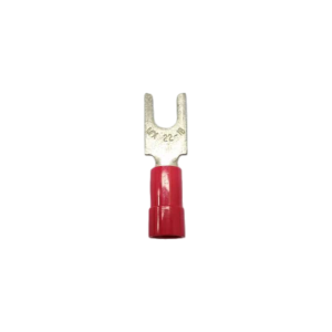 Front view of an 8 AWG red Nylon insulated fork terminal for M6 1/4-inch studs.
