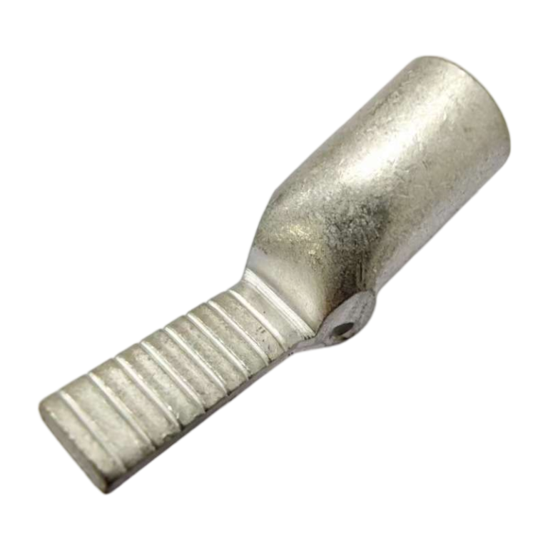 Close-up macro view of a tin-plated T2 copper C45N pin terminal showing the high-quality smooth finish.