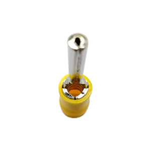 Side profile of an Xluig yellow pin terminal highlighting the PVC insulation and copper barrel length.