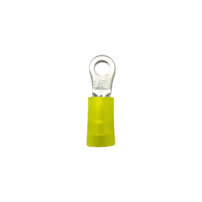 Front view of a yellow RNY 5.5-4 ring terminal specifically for M4 or #8 stud sizes.