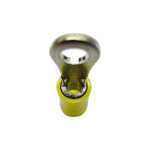 Detail view of the funnel-entry design on a yellow 12-10 AWG insulated ring terminal for easy insertion.