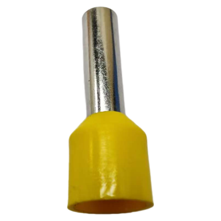 Front view of a DIN standard yellow insulated cord end terminal for 10 AWG wiring.