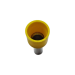 Close-up of the funnel-entry design on a yellow wire ferrule for effortless stranded wire insertion.