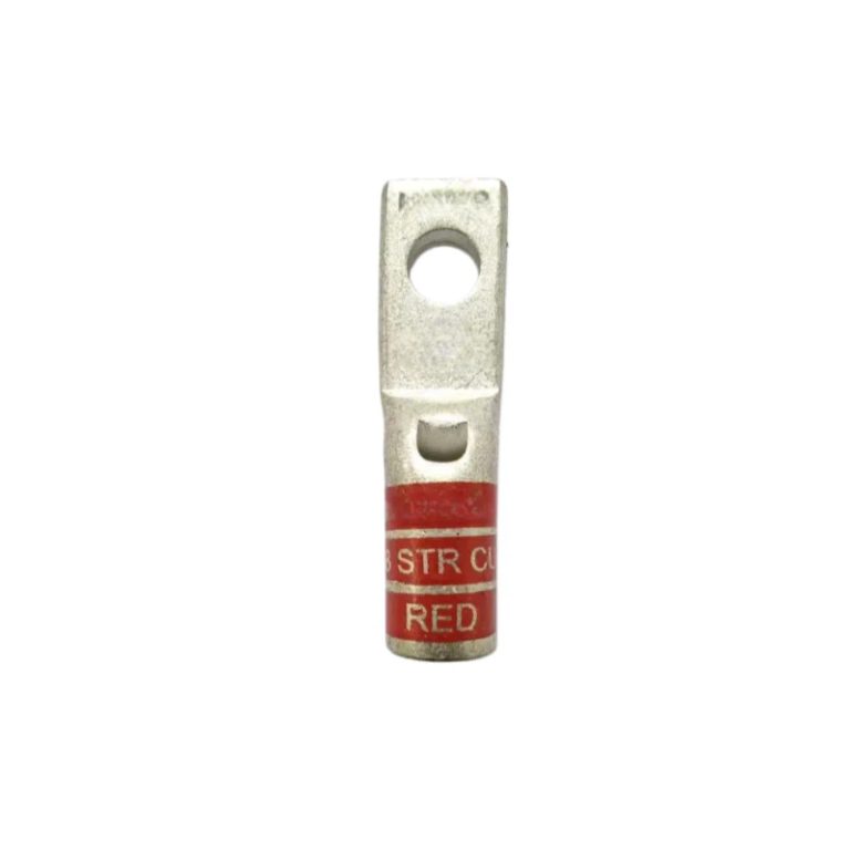 Front perspective view of the XLUIG 8 AWG narrow tongue copper lug with a red color code.