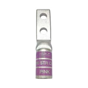 Front perspective view of XLUIG 1/0 AWG pink color-coded copper lug with two 1/4 inch holes