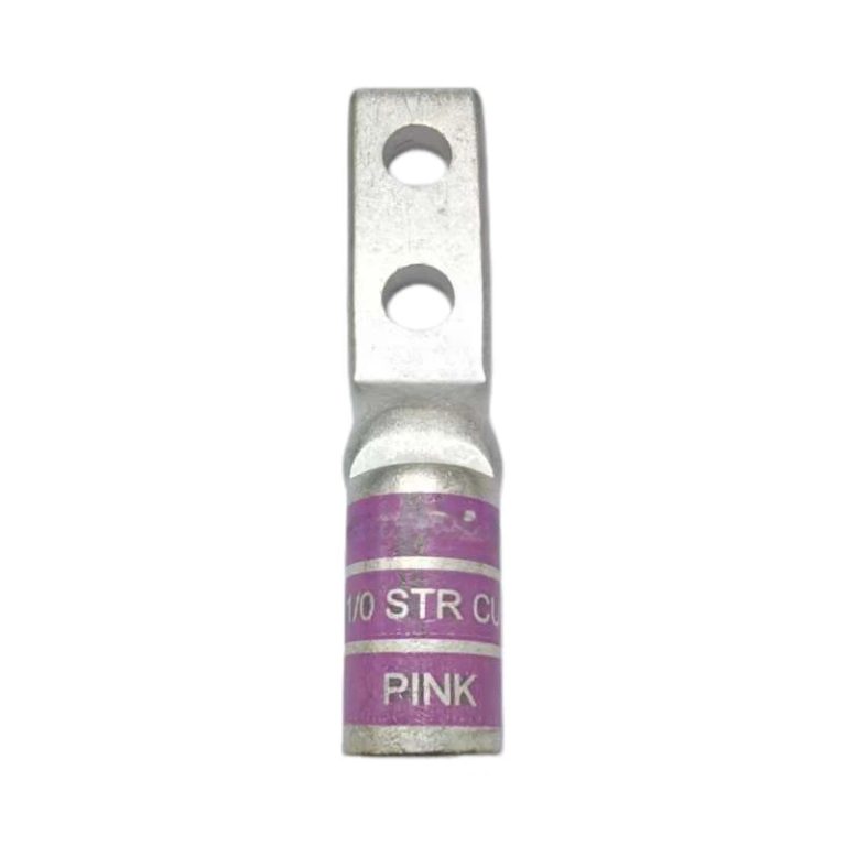 Front perspective view of XLUIG 1/0 AWG pink color-coded copper lug with two 1/4 inch holes