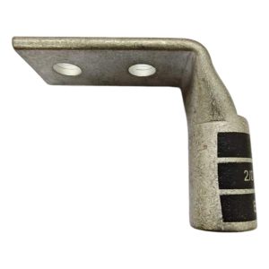 Front perspective view of XLUIG 2/0 AWG 90-degree black copper compression lug with two 3/8 inch holes.