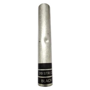 Front perspective view of the XLUIG 2/0 AWG long barrel copper butt splice with black color coding.