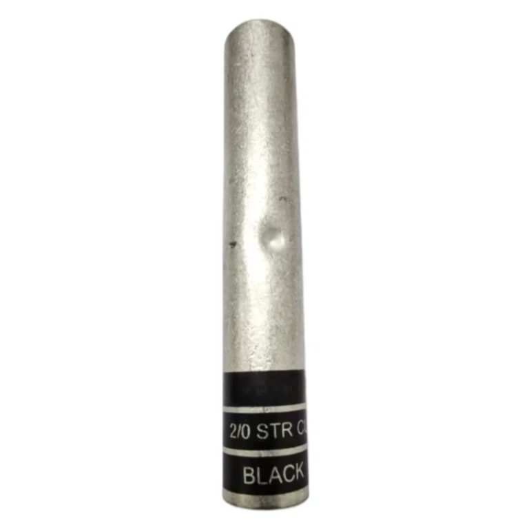 Front perspective view of the XLUIG 2/0 AWG long barrel copper butt splice with black color coding.