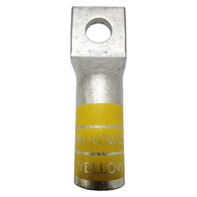 Front perspective view of XLUIG 250 MCM yellow color-coded copper compression lug with long barrel and one 1/2 inch stud hole.
