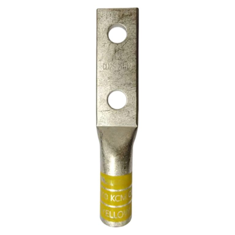 Front perspective view of XLUIG 250 MCM yellow color-coded two-hole copper compression lug.