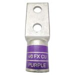 High-angle perspective of XLUIG 4/0 AWG FLEX purple copper lug with two 3/8 inch holes.