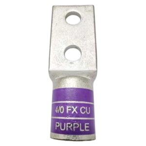 High-angle perspective of XLUIG 4/0 AWG FLEX purple copper lug with two 3/8 inch holes.
