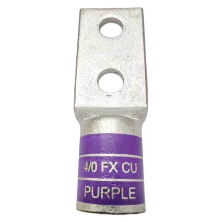 High-angle perspective of XLUIG 4/0 AWG FLEX purple copper lug with two 3/8 inch holes.