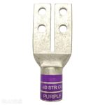 Front perspective view of XLUIG 4/0 AWG purple color-coded four-hole copper compression lug.