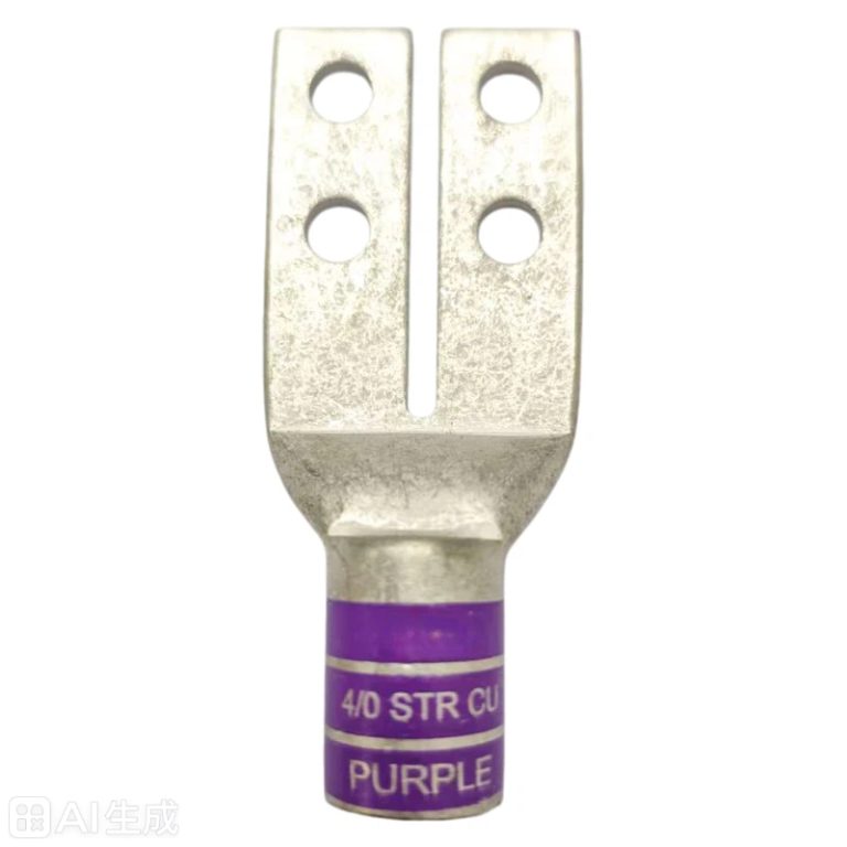 Front perspective view of XLUIG 4/0 AWG purple color-coded four-hole copper compression lug.