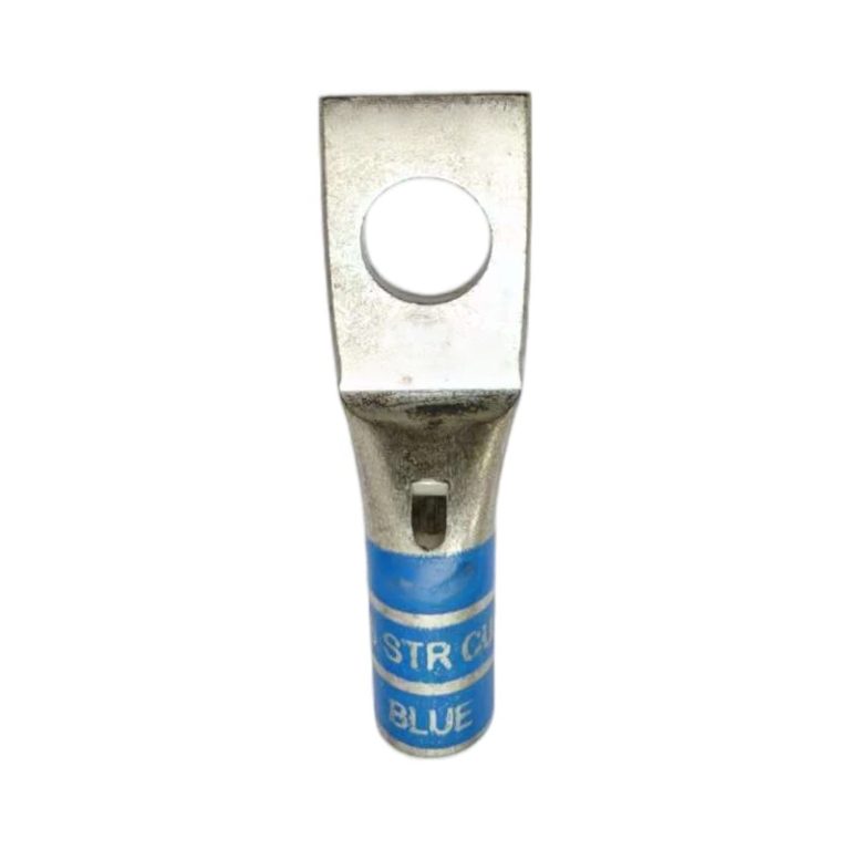 Front view of XLUIG 6 AWG blue color-coded copper lug with 1/4 inch one-hole stud.
