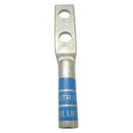 Front perspective view of XLUIG 6 AWG blue color-coded two-hole copper lug with 1/4 inch studs.