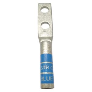 Front perspective view of XLUIG 6 AWG blue color-coded two-hole copper lug with 1/4 inch studs.