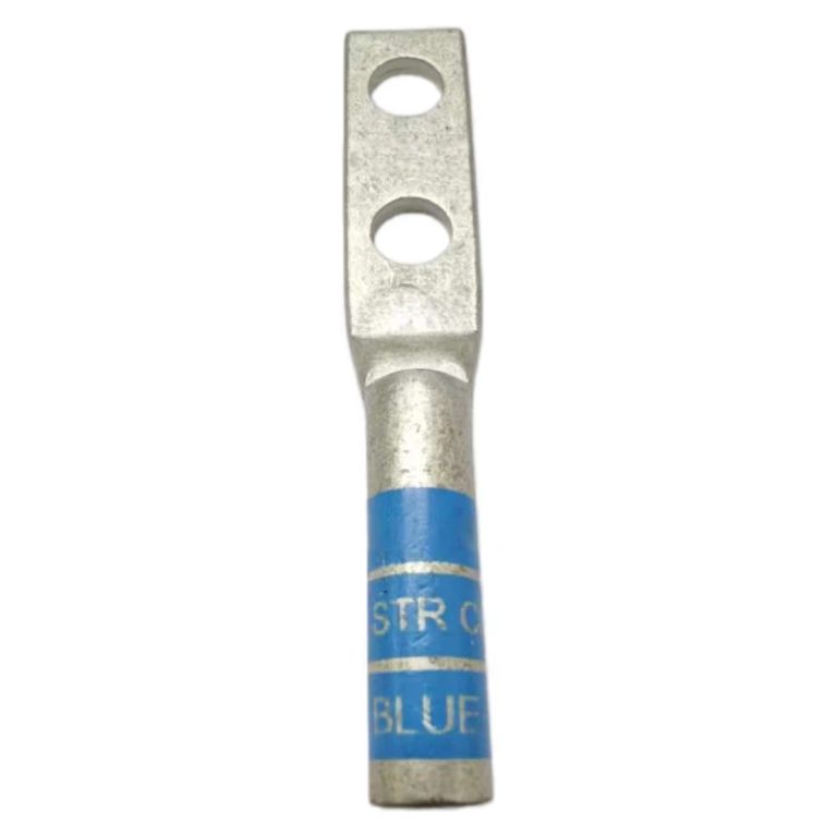 Front perspective view of XLUIG 6 AWG blue color-coded two-hole copper lug with 1/4 inch studs.