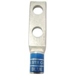 Front perspective view of XLUIG 6 AWG blue color-coded two-hole copper lug with 1/4 inch studs.