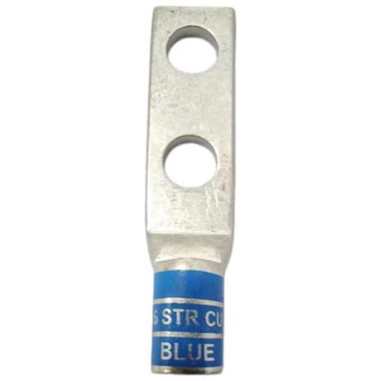 Front perspective view of XLUIG 6 AWG blue color-coded two-hole copper lug with 1/4 inch studs.